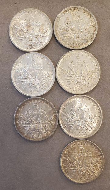 null 7 pièces de 5 francs en argent, années : 1960, 1961, 1962, 1963, 1964. Poids...