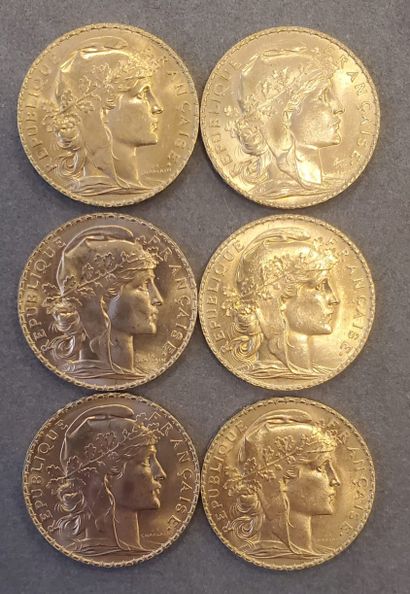 null 6 pièces d'or de 20 francs, années 1913 et 1914. Poids : 38,76 grammes.
