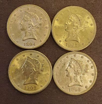 4 pièces de US 10 dollars or, années : 1894,...