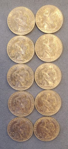 10 pièces d'or de 20 francs de l'année 1908....