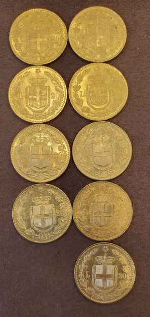 null 9 pièces de 20 lires italiennes, années : 1881, 1882 Poids : 58,06 grammes