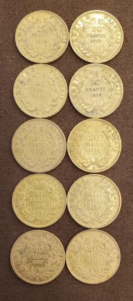 10 pièces de 20 francs or, années : 1856,...