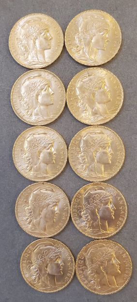 null 10 Pièces d'or de 20 francs, années : 1907 et 1908. Poids : 64,58 grammes.