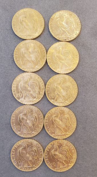 null 10 Pièces d'or de 20 francs, années :1912, 1913 et 1914. Poids : 64, 55 gra...