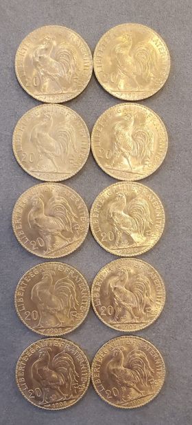 10 pièces d'or de 20 francs, années 1908...