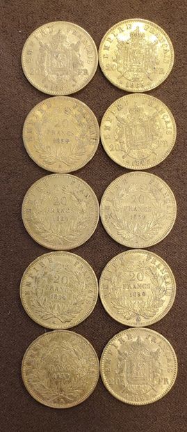null 10 pièces de 20 francs or, années : 1858, 1859, 1862, 1863. Poids : 64,34 g...