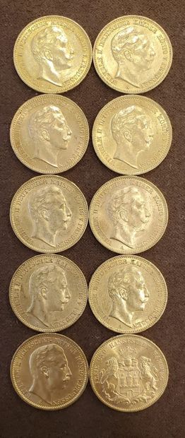 null 10 pièces d'or de 20 Marks, années : 1901, 1902, 1904, 1905, 1906, 1908, 1909,...