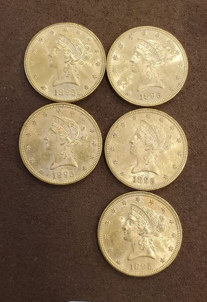 null 5 pièces de US 10 dollars or de l'année 1895. Poids : 83,67 grammes