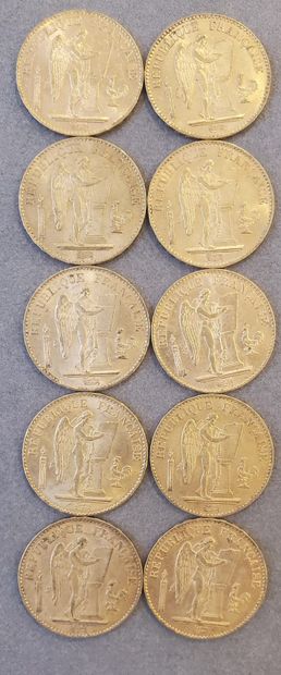 10 Pièces d'or de 20 francs, années : 1877,...
