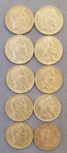 10 Pièces d'or de 20 francs, années : 1865,...