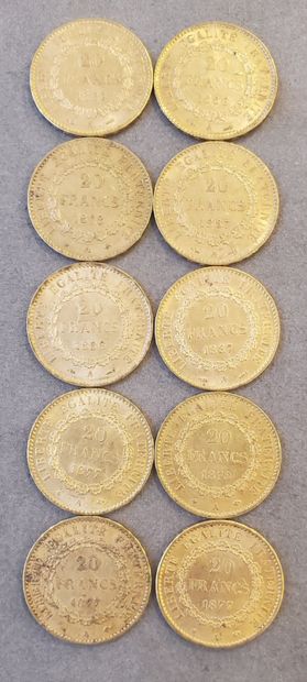null 10 Pièces d'or de 20 francs, années : 1877, 1878, 1886, 1887, 1893. Poids :...