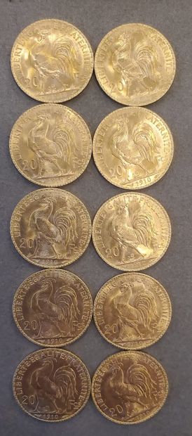 10 pièces d'or de 20 francs de l'année 1910....