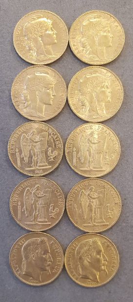 null 10 pièces d'or de 20 francs, années : 1866, 1868, 1875, 1876, 1896, 1898, 1904,...