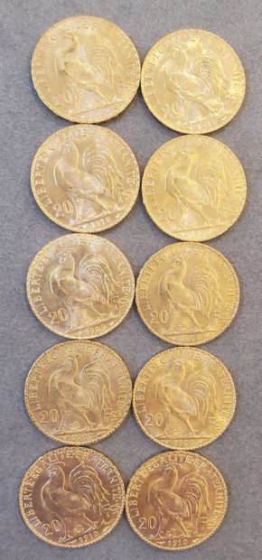 null 10 Pièces d'or de 20 francs, années :1909 et 1910. Poids : 64, 58 grammes.