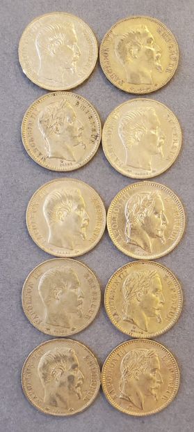 null 10 Pièces d'or de 20 francs, années : 1859, 1860, 1862, 1864. Poids : 64,32...