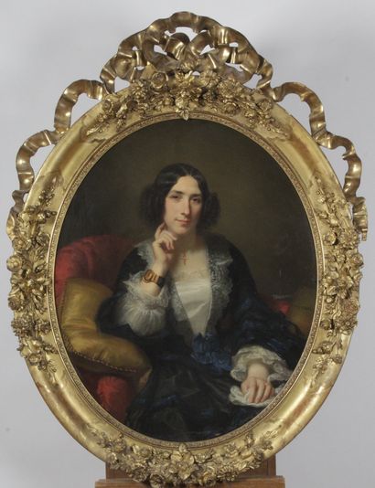 null SÉBASTIEN CORNU (1804-1870) « Portrait de jeune fille » Huile sur toile de forme...