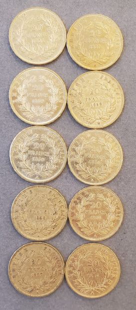 10 Pièces d'or de 20 francs, années : 1856,...
