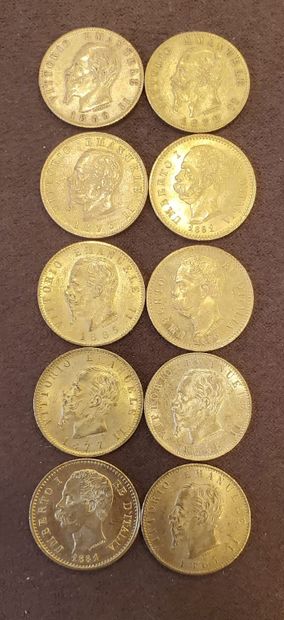 null 10 pièces de 20 lires italiennes, années 1865, 1869, 1873, 1877,1878, 1881,...