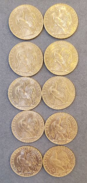 null 10 Pièces d'or de 20 francs, années : 1907 et 1908. Poids : 64,58 grammes.