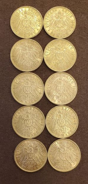 10 pièces d'or de 20 Marks, années : 1901,...