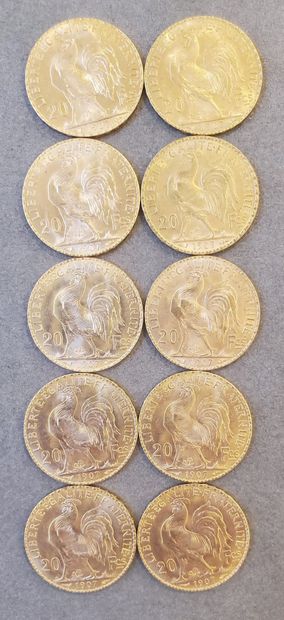 10 Pièces d'or de 20 francs de l'année 1907....