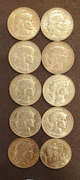 10 pièces de 20 francs or, années : 1896,...