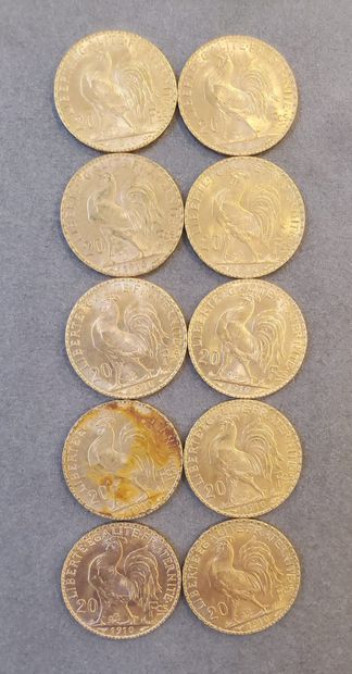 null 10 Pièces d'or de 20 francs de l'année 1910. Poids : 64,58 grammes.