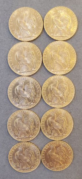 null 10 Pièces d'or de 20 francs de l'année 1907. Poids : 64,58 grammes.