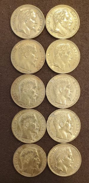 10 pièces de 20 francs or, années : 1858,...