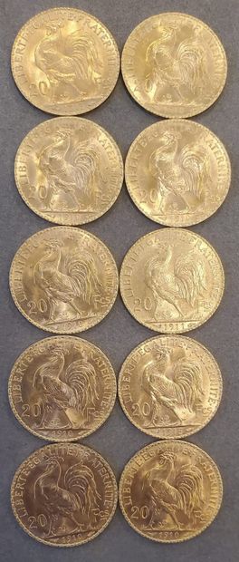 null 10 pièces d'or de 20 francs, années : 1910, 1911, 1913. Poids : 64,60 gramm...