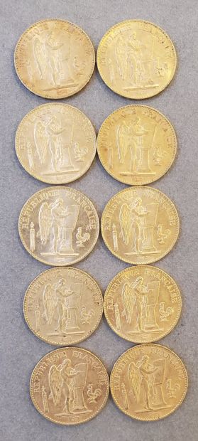 null 10 Pièces d'or de 20 francs, années : 1893, 1894, 1895, 1896. Poids : 64,53...