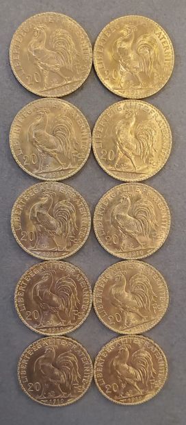 10 pièces d'or de 20 francs de l'année 1910....