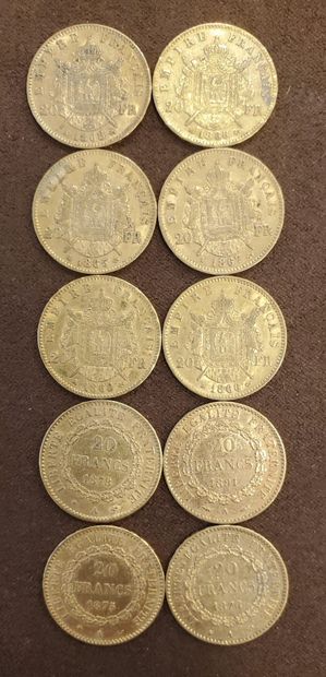 10 pièces de 20 francs or, années :1865,...
