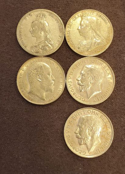 null 5 British gold sovereigns, years : 1890, 1900, 1908, 1911, 1912. Weight : 39,86...