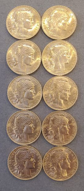 10 pièces d'or de 20 francs de l'année 1908....