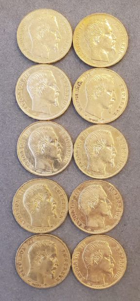 null 10 Pièces d'or de 20 francs, années : 1856, 1857, 1858, 1859. Poids :64,11 ...