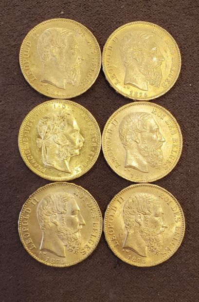 null Lot de 6 pièces : 5 pièces de 20 francs or belge de l'année 1875. Poids : 32,31...