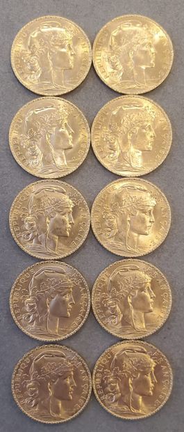 null 10 pièces d'or de 20 francs de l'année 1908. Poids : 64,58 grammes.