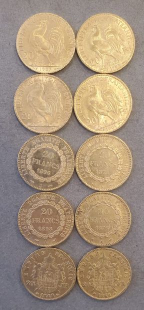 10 pièces d'or de 20 francs, années : 1866,...