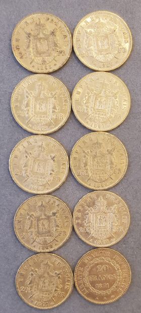 null 10 Pièces d'or de 20 francs, années : 1865, 1866, 1867, 1868, 1869,1871. Poids...