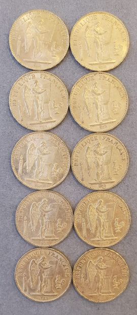 10 Pièces d'or de 20 francs, années : 1874,...
