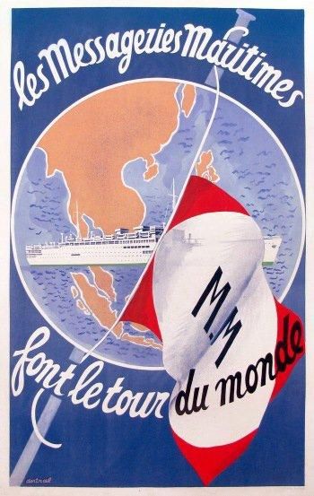 null "Affiche originale encadrée "Les Messageries Maritimes font le Tour du Monde"...