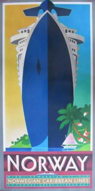 null Affiche d'époque encadrée du paquebot NORWAY pour la Norwegian Caribbean Lines,...