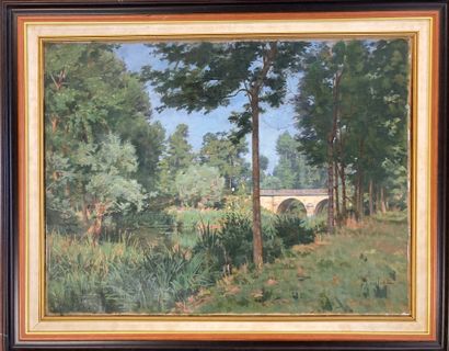 null JULES ROUSSET (1840-1921), Small bridge of Champ-sur-Yonne 

Oil on canvas

Signed...