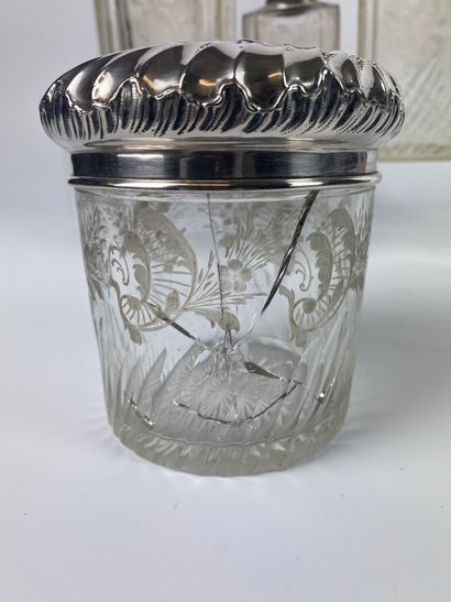 null FIVE engraved crystal jars and a covered box, silver stoppers 

Minerva hallmark...
