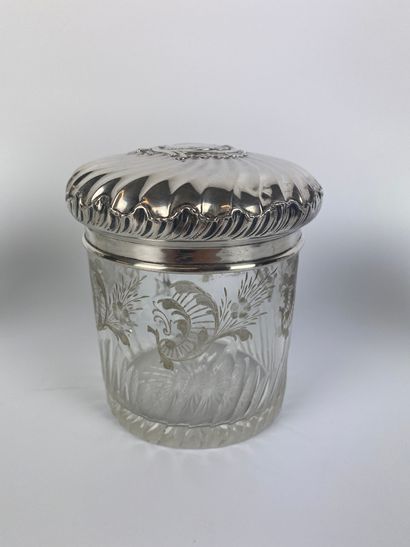 null FIVE engraved crystal jars and a covered box, silver stoppers 

Minerva hallmark...