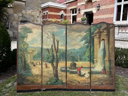 null Four-panel screen painted on canvas with animated scenes of characters in landscapes...