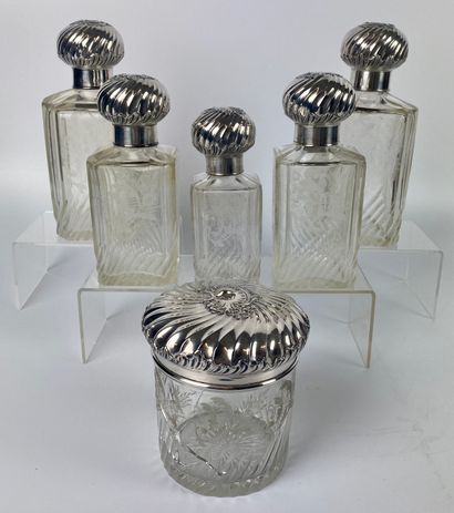 null FIVE engraved crystal jars and a covered box, silver stoppers 

Minerva hallmark...