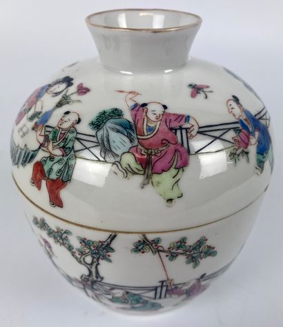 null CHINA 

Covered pot in polychrome porcelain with enamelled decoration of children's...