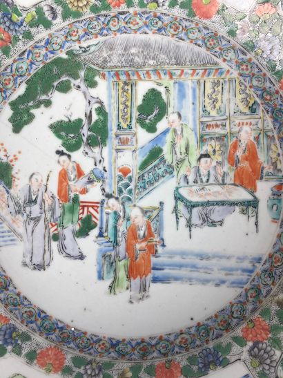 null CHINA 

Polychrome porcelain basin with green family enamel decoration of characters...